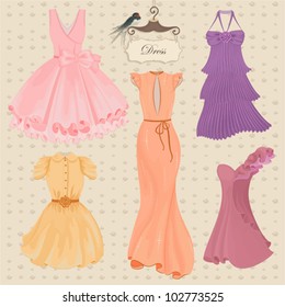 Vector collection of fashionable elegant dresses for girl