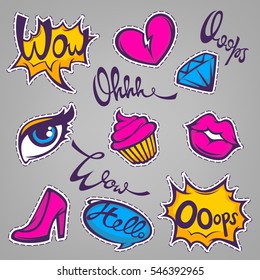 vector collection of fashionable patch badges with lips, hearts, speech bubbles
