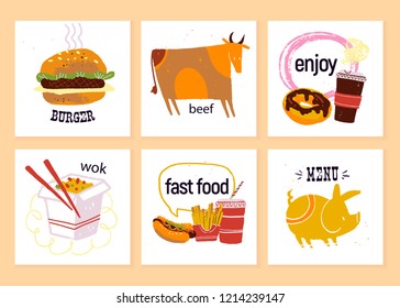 Vector collection of fast food labels for menu design, chalkboard drawing, special offer advertising etc. Cow, burger, wok, hot dog, fries, pork, donut, coffee to go illustration. Hand drawn sketch.