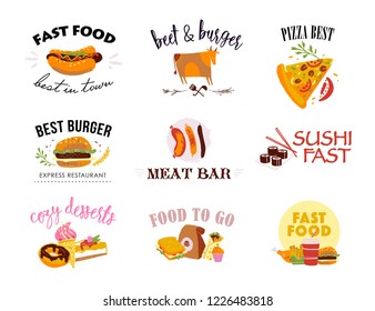 Vector collection of fast food logo templates isolated on white background. Textured craft effect, hand drawn sketch style. Good for menu design, packaging, advertising, banners, flayers etc.