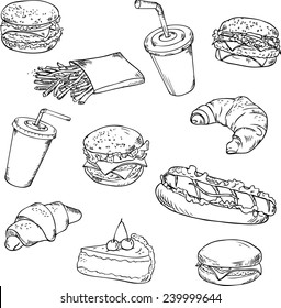 Vector collection of fast food/Fast food - vector linear drawing.