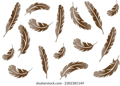 Colección vectorial de plumas, hermosas plumas marrones de diferentes formas dispersas al azar en un fondo blanco