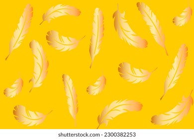 Vector collection of feathers, beautiful golden feathers of different shapes scattered randomly on a yellow background