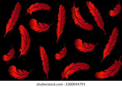 Vector collection of feathers, beautiful red feathers of different shapes scattered randomly on a black background