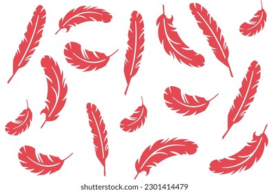 Vector collection of feathers, beautiful red feathers of different shapes scattered randomly on a white background