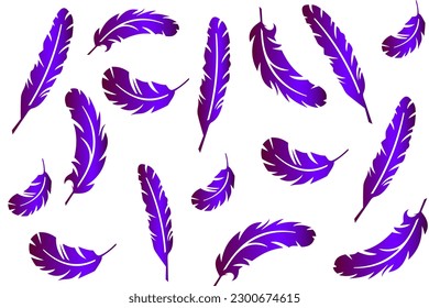 Vektorgrafik von Federn, schönen violetten Federn verschiedener Formen, zufällig auf weißem Hintergrund verstreut