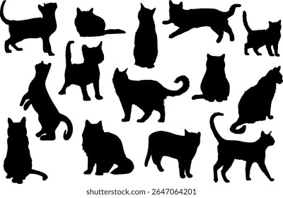 Vector collection featuring black silhouettes of cats and kittens in different postures. Detailed fur textures add depth while maintaining a minimalist style. Perfect for pet-related designs, logos