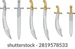 Vector collection featuring curved scimitars, sabers, and daggers in a clean illustrated style with multiple blade variations. Ideal for game assets, fantasy artwork, historical graphics, mobile apps, logos, and creative design projects.