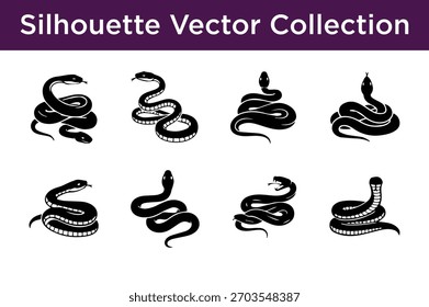 Vektorgrafik-Kollektion mit verschiedenen gewickelten und gewundenen Schlangensilhouetten, ideal für Logos, Symbole und verschiedene Grafikdesign-Projekte.