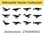 Vector collection featuring diverse whale silhouettes, ideal for ocean, marine, and wildlife graphic design projects.