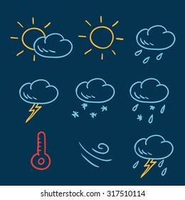 Vector collection of felt pen child drawings of weather symbols