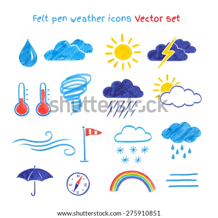 Vector collection of felt pen child drawings of weather symbols.