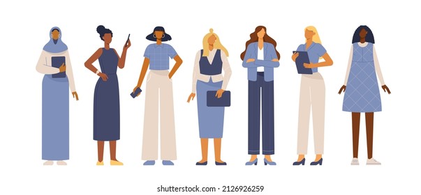 Vector collection of female characters in business style. Full length business women of different nationalities. Flat design illustration, isolated on white. 