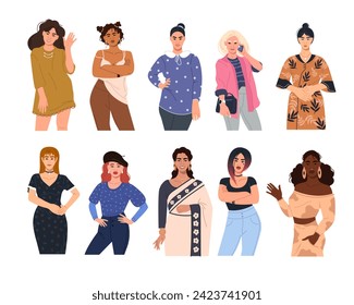 Colección vectorial de personajes femeninos. Un grupo de mujeres multinacionales diversas en un estilo de diseño moderno y plano. Ilustración del vector aislada en un fondo blanco