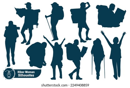 Vector collection of female hikers in mountains silhouettes in different poses