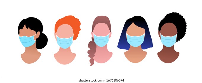 Vector collection of female multiethnic portraits wearing protection medical masks isolated on white background. Coronavirus quarantine illustrations.