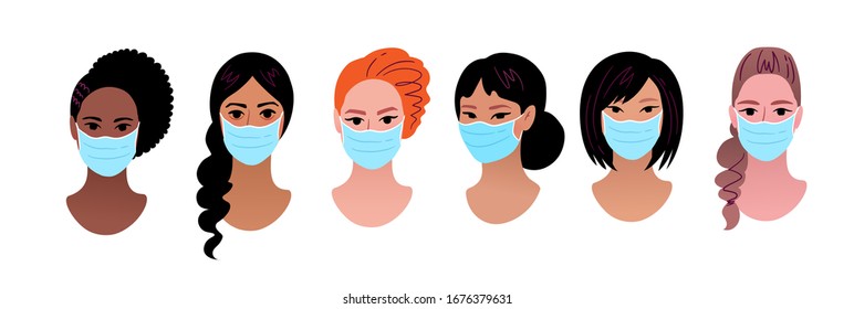 Vector collection of female multiethnic portraits wearing protection medical mask isolated on white background. Coronavirus quarantine illustrations.