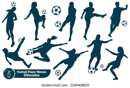 Vector collection of Female playing Soccer or football silhouettes in different poses