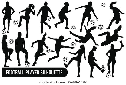 Vector vector collection of female playing soccer or football silhouettes in different poses