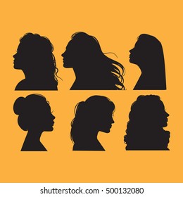 Vector collection of  female profiles. Silhouettes of pretty girls with different haircuts. Template for business card poster banner and print for t-shirt