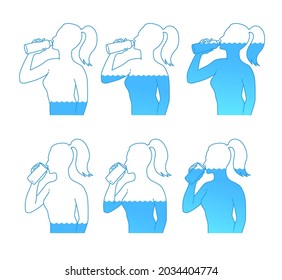 Vector collection of female silhouettes filled with water drinking with glass and bottle. Hydration balance concept.