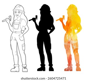 Vector collection of female workers in helmets with hammer. Set of builders in different styles. Contour, black silhouette and watercolor construction professionals