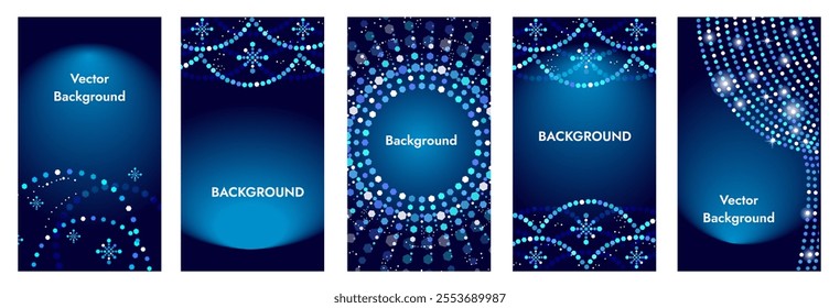 Vector collection of festive blue backgrounds with light decoration. Christmas luxurious banners, story, posters, design templates on social networks with sparkling garlands and snowflakes.