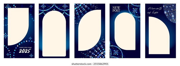 Vector collection of festive blue backgrounds with light decoration. Place for a photo. Set of vector frames with sparkling garlands and snowflakes.
