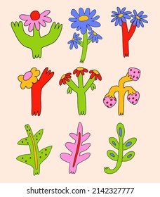 vector collection of field flowers in hippie style. Funky and groovy hand drawn nerd. Set of floral elements. Vibrant chamomile, cornflowers, forget-me-nots and leaves