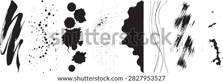 Vector collection of fine line wave scribbles, scattered ink spray dots, thin line drawings, and dark paint blotches for graphic design overlays.