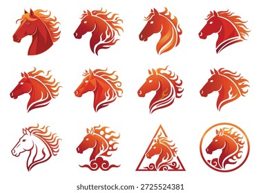Coleção vetorial de logotipos de cabeça de cavalo de fogo. Ícone de perfil Fiery stallion isolado no fundo branco. Insígnia mitológica da cabeça do cavalo de fogo para marcas de esportes ou negócios.