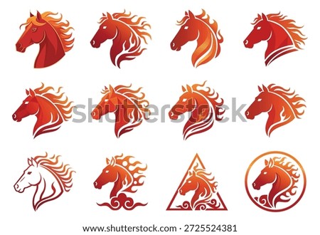 Vector collection of fire horse head logos. Fiery stallion profile icon isolated on white background. Mythological fire horse head emblem for sports or business branding.