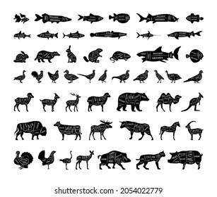 Vector collection of fishes, animals and birds with cutting lines. 