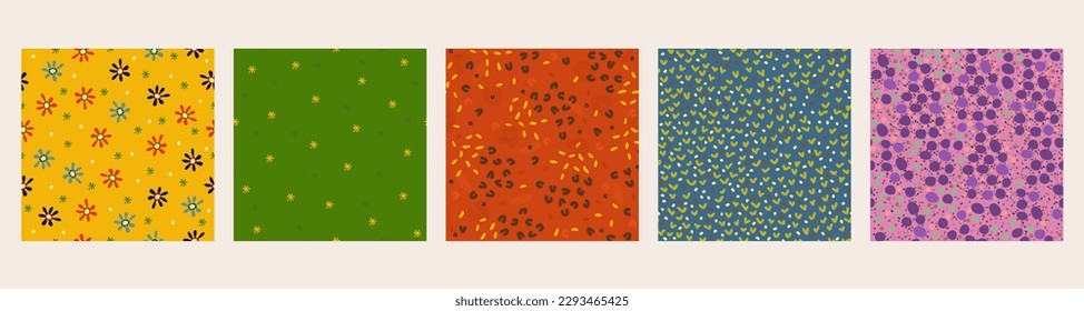 Vector collection of five bright abstract seamless patterns