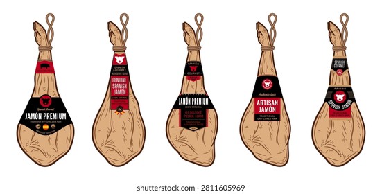 Vector collection of five Spanish pork ham legs with modern red and black artisan label