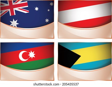 Vector collection of flags, four banner flags illustration, Australia, Austria, Azerbaijan, Bahamas
