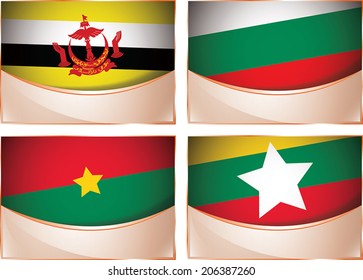 Vector collection of flags, four banner flags illustration, Brunei, Bulgaria, Burkina Faso, Burma