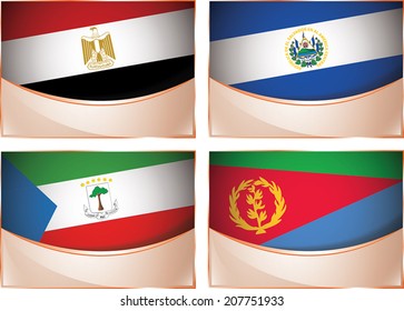 Vector collection of flags, four banner flags illustration, Egypt, El Salvador, Equatorial Guinea, Eritrea