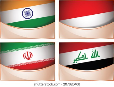 Vector collection of flags, four banner flags illustration, India, Indonesia, Iran, Iraq