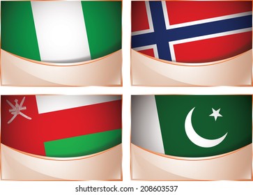 Vector collection of flags, four banner flags illustration, Nigeria, Norway, Oman, Pakistan