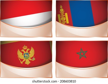 Vector collection of flags, four banner flags illustration, Monaco, Mongolia, Montenegro, Marocco