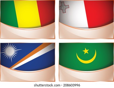 Vector collection of flags, four banner flags illustration, Mali, Malta, Marshall Islands, Mauritania