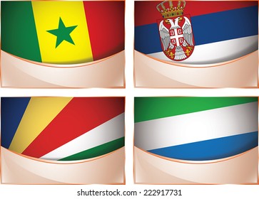 Vector collection of flags, four banner flags illustration, Senegal, Serbia, Seychelles, Sierra Leone