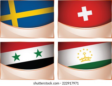 Vector collection of flags, four banner flags illustration, Sweden, Switzerland, Syria, Tajikistan