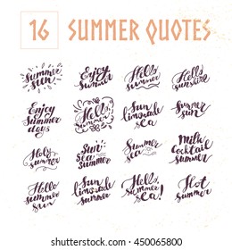 Vector collection of flat artistic hand written summer quotes isolated on white background. Font, lettering, phrase. Hello summer. Floral element. Good for print, summer advertisement, banner, card.