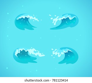 Vector collection of flat blue water waves, splatters, curves icons isolated on blue background. Pure water splatters set, good for environment elements design, packaging emblems, banners, logo etc.