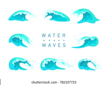 Vector collection of flat blue water waves, splatters, curves icons isolated on white background. Pure water splatters set, good for environment elements design, packaging emblems, banners, logo etc.