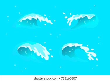 Vector collection of flat blue water waves, splatters, curves icons isolated on blue background. Pure water splatters set, good for environment elements design, packaging emblems, banners, logo etc.