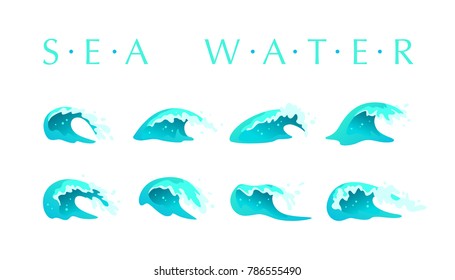 Vector collection of flat blue water waves, splatters, curves icons isolated on white background. Pure water splatters set, good for environment elements design, packaging emblems, banners, logo etc.