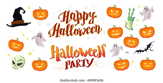 Vector collection of flat cartoon Halloween design samples isolated on white background. Decoration elements good for invitation, flyer, party poster, banner, card template. Pumpkin, hat, skull, ghost